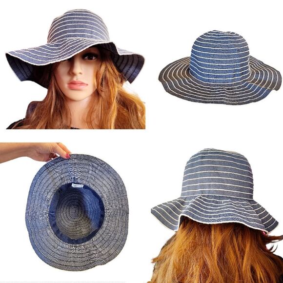 Straw Studios Dark Blue Denim and White Striped Floppy Straw Sun Hat - Picture 5 of 7
